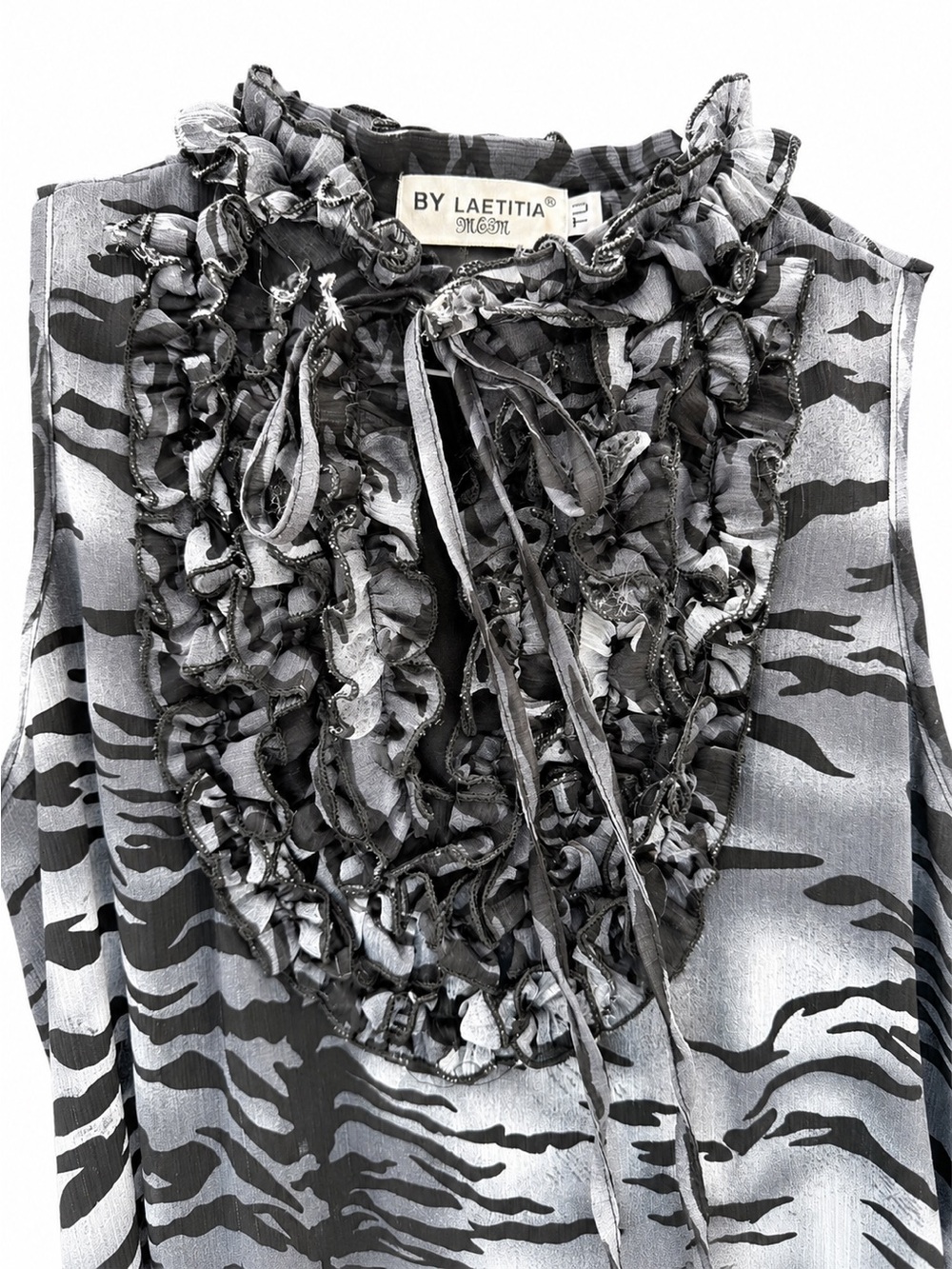 Sleeveless Ruffled Zebra-Print mini dress, gathers above knees. Black and Gray